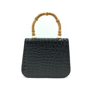 Vintage 80s Black Patent Croc Print Faux Leather Bamboo Handle Bag by Suzy Smith-Vintage Handbag, Kelly Bag-Brand Spanking Vintage