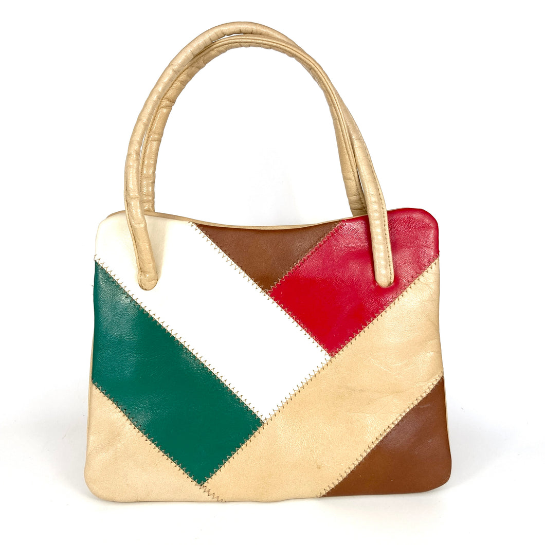 Vintage 60s/70s Tan/Red/Green/Cream/Brown Leather Patchwork Dolly Bag by Jane Shilton Made in England-Vintage Handbag, Dolly Bag-Brand Spanking Vintage