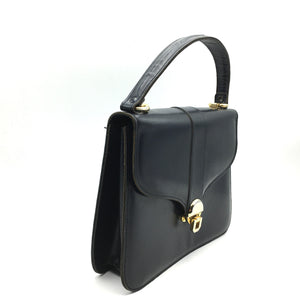Vintage 60s/70s Navy Leather Jackie O Style Top Handle Bag with Gilt Clasp-Vintage Handbag, Kelly Bag-Brand Spanking Vintage