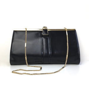 Vintage 70s 80s Black Calf Leather and Patent Clutch Bag W/Optional Chain by Renata W/ Box Made in Italy-Vintage Handbag, Clutch Bag-Brand Spanking Vintage