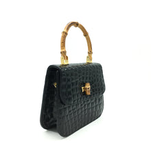 Load image into Gallery viewer, Vintage 80s Black Patent Croc Print Faux Leather Bamboo Handle Bag by Suzy Smith-Vintage Handbag, Kelly Bag-Brand Spanking Vintage
