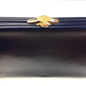 Vintage 50s Navy Blue Leather, Slim Wide Waldybag, Top Handle Bag with Bow/Leaf DetailMade In England-Vintage Handbag, Kelly Bag-Brand Spanking Vintage