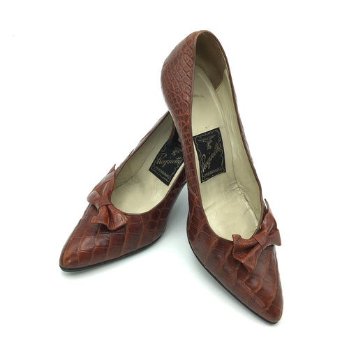 Vintage 50s Mid Tan Crocodile Skin Stiletto Heeled Court Shoes w/ Dainty Bows Made In Italy By Reginetta-Accessories, For Her-Brand Spanking Vintage