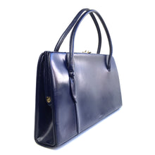 Load image into Gallery viewer, Vintage 50s Navy Blue Leather, Slim Wide Waldybag, Top Handle Bag with Bow/Leaf DetailMade In England-Vintage Handbag, Kelly Bag-Brand Spanking Vintage
