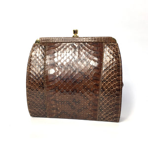 Vintage Coffee Brown Snakeskin Clutch Bag with Fold In Chain Handle and Leather Lining Made in England-Vintage Handbag, Exotic Skins-Brand Spanking Vintage