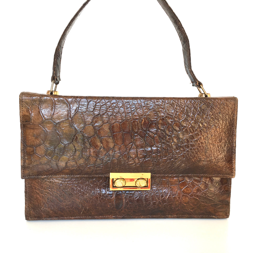 Vintage 50s/60s Leather Lined Satchel Style Turtle Skin Handbag In Excellent Condition-Vintage Handbag, Exotic Skins-Brand Spanking Vintage