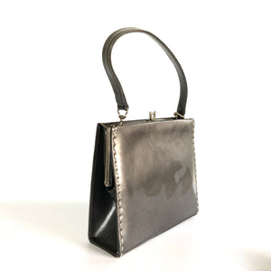 Vintage 60s/70s Classic Dainty Little Grey Patent Leather Top Handle Bag By Waldybag-Vintage Handbag, Kelly Bag-Brand Spanking Vintage