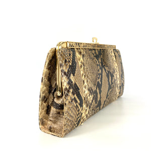 Vintage Large Python Skin Clutch Bag with Folding Gilt Handle And Gilt Shoulder Chain Made in England-Vintage Handbag, Exotic Skins-Brand Spanking Vintage