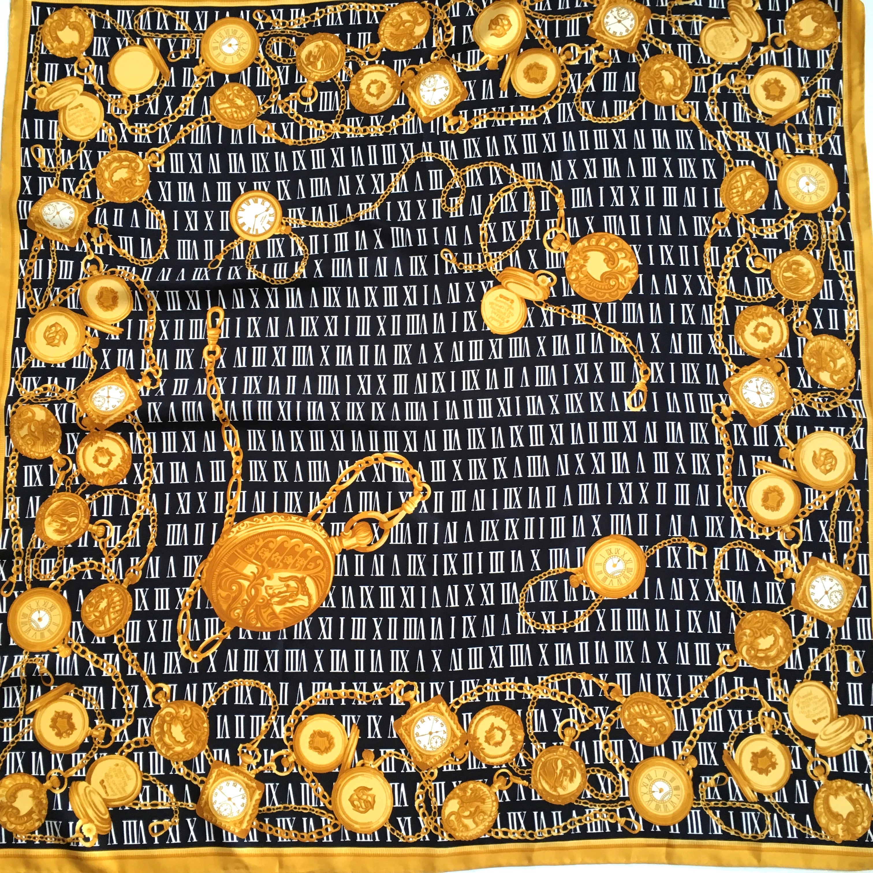 Vintage 80s Large Silk Twill Scarf in Pocket Watch and Chain Design in Black/Gold/White Made in Italy