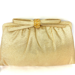 Vintage 50s/60s Elegant Evening/Occasion Gold Lurex Clutch Bag w/ Bow and Diamante Clasp By After Five USA-Vintage Handbag, Evening Bag-Brand Spanking Vintage