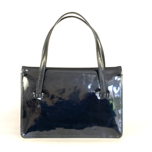 Vintage 60s Black Patent Leather Jackie O Style Top Handle Bag for Preston Made in UK-Vintage Handbag, Top Handle Bag-Brand Spanking Vintage