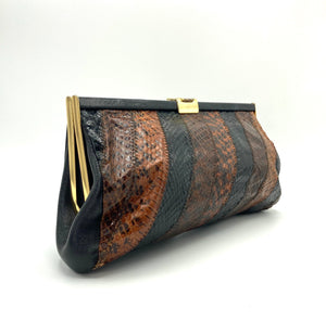 Vintage 70s Snakeskin Clutch Bag In Browns w/ Black Leather By Jane Shilton-Vintage Handbag, Exotic Skins-Brand Spanking Vintage