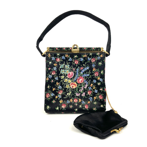 Vintage 30s/40s Luxurious Black Silk Handpainted Floral and Beaded Waldybag Box Bag Evening Bag w/ Matching Silk Coin Purse On Chain-Vintage Handbag, Evening Bag-Brand Spanking Vintage