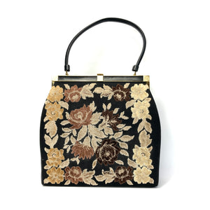 Vintage Large 50s Spotlite USA Top Handle Bag in Chenille Floral Tapestry/Black Faux Leather-Vintage Handbag, Large Handbag-Brand Spanking Vintage