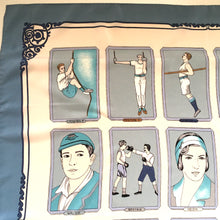 Load image into Gallery viewer, Vintage Large Jaeger Silk Scarf in Blues/Cream/Grey Featuring Vintage Sports-Scarves-Brand Spanking Vintage
