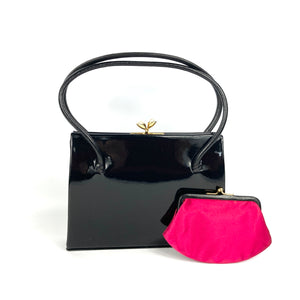 Vintage 60s Dainty Little Black Patent Leather Handag w/ Pearl Clasp And Fuschia Silk Coin Purse By Waldybag in Original Box-Vintage Handbag, Top Handle Bag-Brand Spanking Vintage