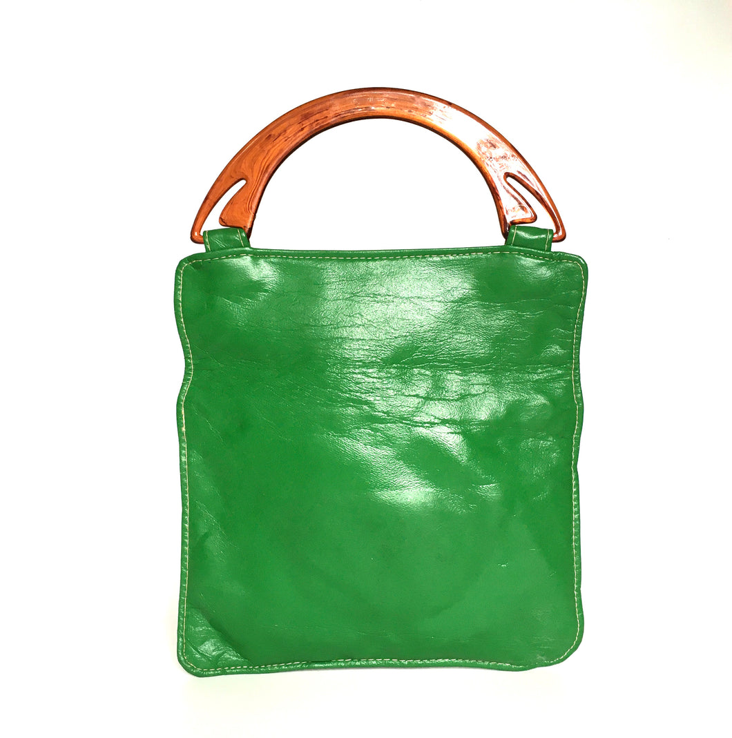 Vintage 60s/70s Vivid Apple Green Leather w/ Faux Tortoiseshell Lucite Handle Bag-Vintage Handbag, Dolly Bag-Brand Spanking Vintage