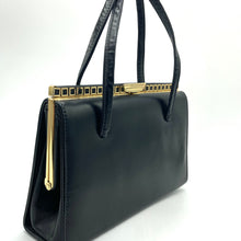 Load image into Gallery viewer, Vintage Black Leather Glamorous Classic Ladylike Handbag w/ Intricate Gilt Square Detail And Elegant Clasp-Vintage Handbag, Kelly Bag-Brand Spanking Vintage
