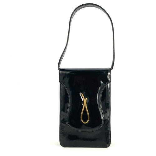Vintage 60s Black Patent Leather/Gilt Trim Slim and Rare Jackie O Style Bag By Widegate Made in England-Vintage Handbag, Kelly Bag-Brand Spanking Vintage