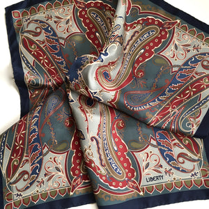 Vintage Liberty of London Silk Scarf in Stylised Paisley Design in Navy/Blue/Grey/Red-Scarves-Brand Spanking Vintage
