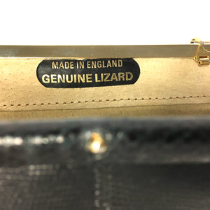 Vintage Dainty Black Lizard Skin Clutch Bag Fold Out Gilt Chain Made In England-Vintage Handbag, Exotic Skins-Brand Spanking Vintage