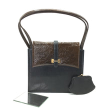 Load image into Gallery viewer, SOLD Vintage 60s/70s Black Patent Leather Lizard Effect And Tobacco Brown Textured Patent Leather Bag By Rayne w/ Matching Coin Purse-Vintage Handbag, Kelly Bag-Brand Spanking Vintage
