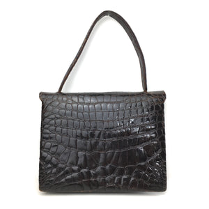 Vintage 50s 60s Exquisite Deep Chocolate Brown Porosus Crocodile Skin Jackie O Style Handbag With Intricate Gilt Clasp And Fitted Purse-Vintage Handbag, Exotic Skins-Brand Spanking Vintage