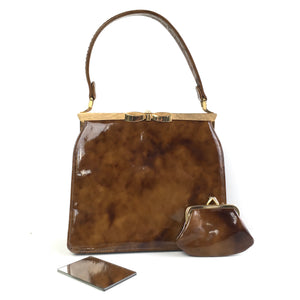 Vintage Handbag 50s In Rust/Copper/Brown Mottled Patent Leather with Matching Purse From Lodix-Vintage Handbag, Kelly Bag-Brand Spanking Vintage