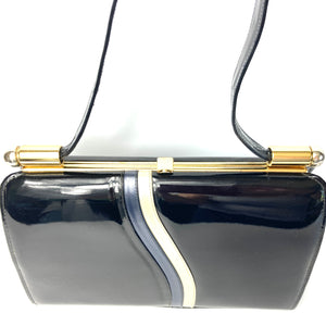 Vintage Classic Black/Blue /Silver/Oyster Patent Leather Bag Top Handle Bag Gilt Clasp-Vintage Handbag, Kelly Bag-Brand Spanking Vintage