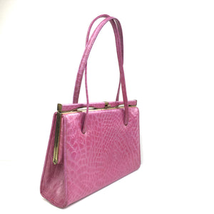 Vintage 60s Leather Faux Crocodile Fuchsia Pink Classic Ladylike Bag, Top Handle Mrs Maisel Bag-Vintage Handbag, Kelly Bag-Brand Spanking Vintage