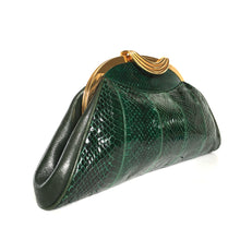 Load image into Gallery viewer, Vintage 70s/80s Large Emerald Green Snakeskin Gilt Clasp Clutch Bag w/ Fold Out Gilt Chain by Melluso, Made in Italy-Vintage Handbag, Exotic Skins-Brand Spanking Vintage
