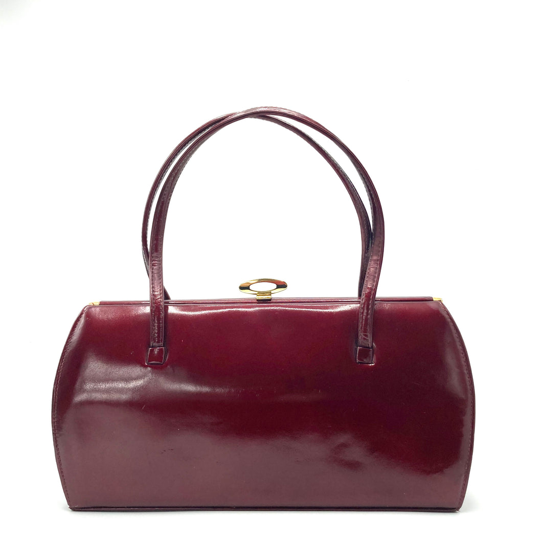 Vintage 50s Large Wide Cherry Red Patent Leather Bag By Holmes Of Norwich-Vintage Handbag, Kelly Bag-Brand Spanking Vintage