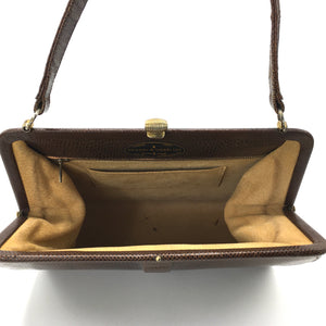 Vintage 50s Classic Mappin And Webb Brown Lizard Skin Classic Ladylike Bag with Gilt Barrel Clasp-Vintage Handbag, Exotic Skins-Brand Spanking Vintage