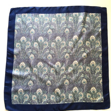 Load image into Gallery viewer, Vintage Liberty of London Silk Scarf in Iconic &#39;Hera&#39; Peacock Feather Design in Royal Blue, Silver Grey, Turquoise-Scarves-Brand Spanking Vintage
