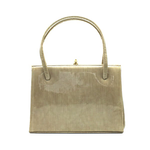 Vintage 60s Classic Twin Handled Classic Ladylike Bag in Taupe Beige Patent Leather with Suede Lining by Suzy Smith-Vintage Handbag, Kelly Bag-Brand Spanking Vintage