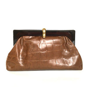Vintage 70s/80s Caramel/ Dark tan Leather Faux Croc Clutch Bag w/ Fold Out Shoulder Strap, Made in Italy-Vintage Handbag, Clutch Bag-Brand Spanking Vintage
