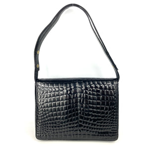 Vintage 80s/90s Harrods Black Patent Leather Faux Crocodile Print Handbag/Shoulder Bag-Vintage Handbag, Large Handbag-Brand Spanking Vintage