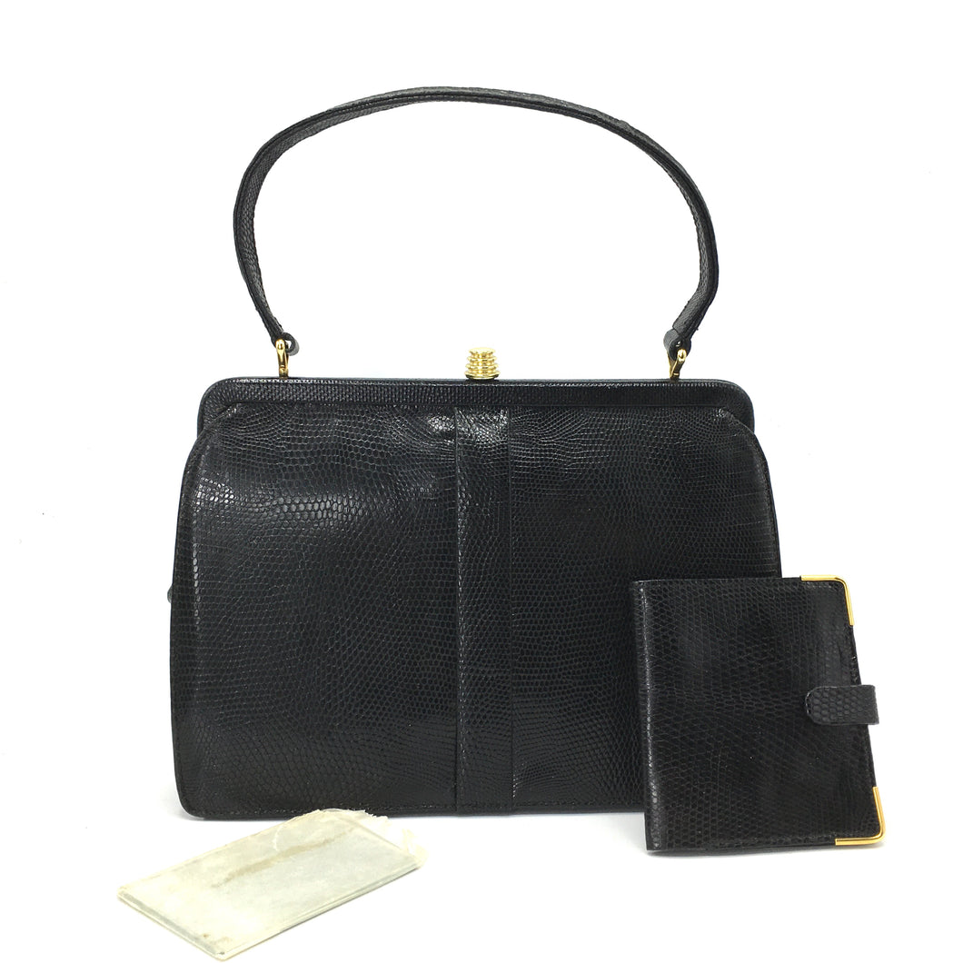 Vintage 50s 60s Black Lizard Skin Unused Top Handle Bag w/ Beehive Clasp And Matching Lizard Wallet By Mappin & Webb-Vintage Handbag, Exotic Skins-Brand Spanking Vintage