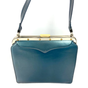 Vintage 50s Beautiful Teal Blue Green Pearlescent Bag with Matching Purse by Lodix-Vintage Handbag, Kelly Bag-Brand Spanking Vintage