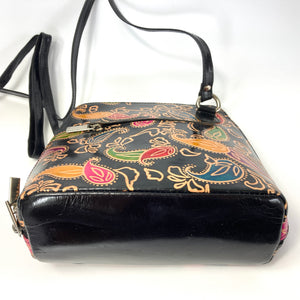 Vintage 70s/80s Leather Painted Bohemian Paisley Cross Body Bag-Vintage Handbag, Dolly Bag-Brand Spanking Vintage
