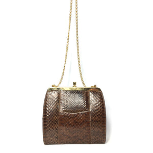 Vintage Coffee Brown Snakeskin Clutch Bag with Fold In Chain Handle and Leather Lining Made in England-Vintage Handbag, Exotic Skins-Brand Spanking Vintage
