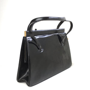 Vintage 50s Black Patent Leather Classic Ladylike Bag, Top Handle Bag,Side Opening Clasp w/Purse by Waldybag-Vintage Handbag, Kelly Bag-Brand Spanking Vintage