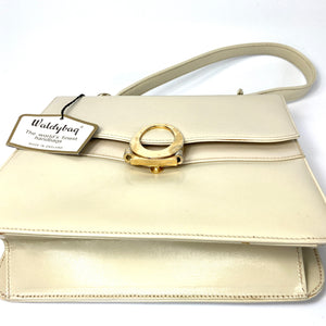 Vintage 60s/70s Jackie O Style Waldybag Top Handle Bag, in Buttermilk/Cream/Beige Leather/Patent Leather-Vintage Handbag, Kelly Bag-Brand Spanking Vintage
