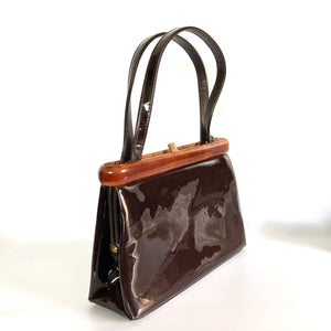 Vintage 50s/60s Brown Patent Leather Handbag W/ Faux Tortoiseshell Lucite Feature By Widegate-Vintage Handbag, Top Handle Bag-Brand Spanking Vintage