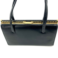 Load image into Gallery viewer, Vintage Black Leather Glamorous Classic Ladylike Handbag w/ Intricate Gilt Square Detail And Elegant Clasp-Vintage Handbag, Kelly Bag-Brand Spanking Vintage
