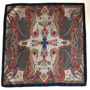 Vintage Liberty of London Silk Scarf in Stylised Paisley Design in Navy/Blue/Grey/Red-Scarves-Brand Spanking Vintage