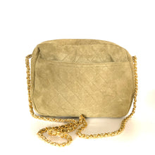 Load image into Gallery viewer, Vintage 80s Large Quilted Suede Shoulder Bag In Olive Green With Long Gilt/Suede Chain-Vintage Handbag, Clutch Bag-Brand Spanking Vintage
