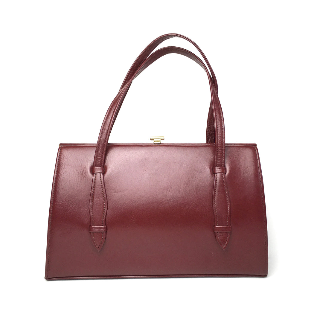 Vintage 50s Dark Burgundy Wine Red Leather Top Handle Bag by Garfields Made in England-Vintage Handbag, Kelly Bag-Brand Spanking Vintage