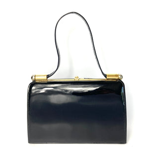 Vintage Classic Black/Blue /Silver/Oyster Patent Leather Bag Top Handle Bag Gilt Clasp-Vintage Handbag, Kelly Bag-Brand Spanking Vintage