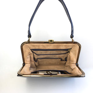 Vintage 50s Beautiful Midnight Blue Pearlescent Bag with Matching Purse by Lodix-Vintage Handbag, Kelly Bag-Brand Spanking Vintage